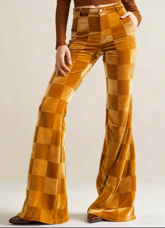 Women’s Velvet High-Waisted Flared Pants – Retro Checkerboard Style