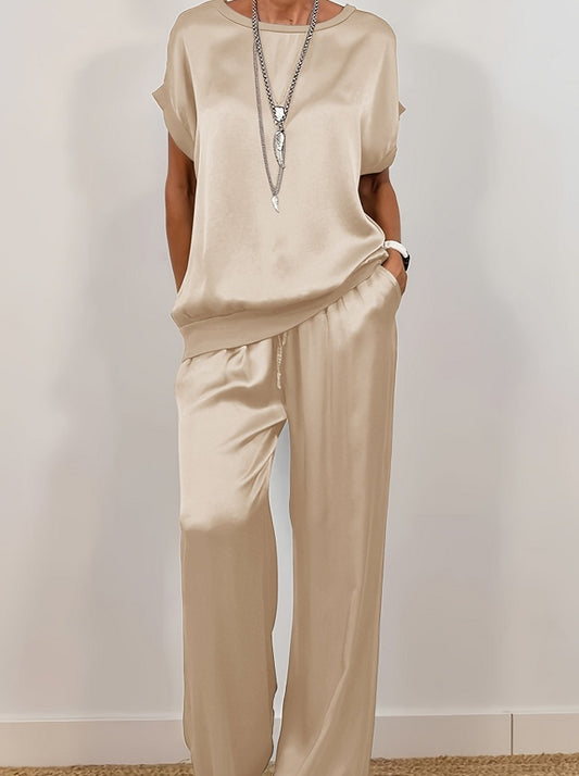 Women’s Satin Two-Piece Set – Short Sleeve Top & Wide-Leg Pants (Elegant Lounge Wear)