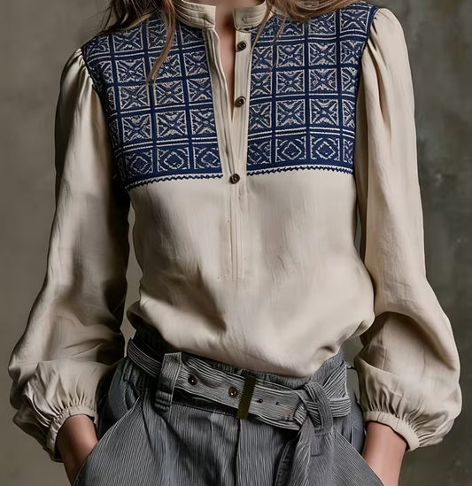 Women’s Vintage Ethnic Embroidered Shirt – Stand Collar Puff Sleeve Tencel Top